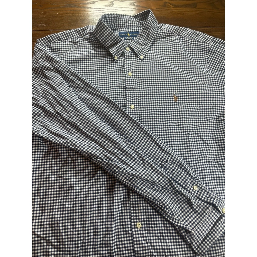 Ralph Lauren Polo Shirt Blue White Gingham Check Long Sleeve Button Down Men XXL